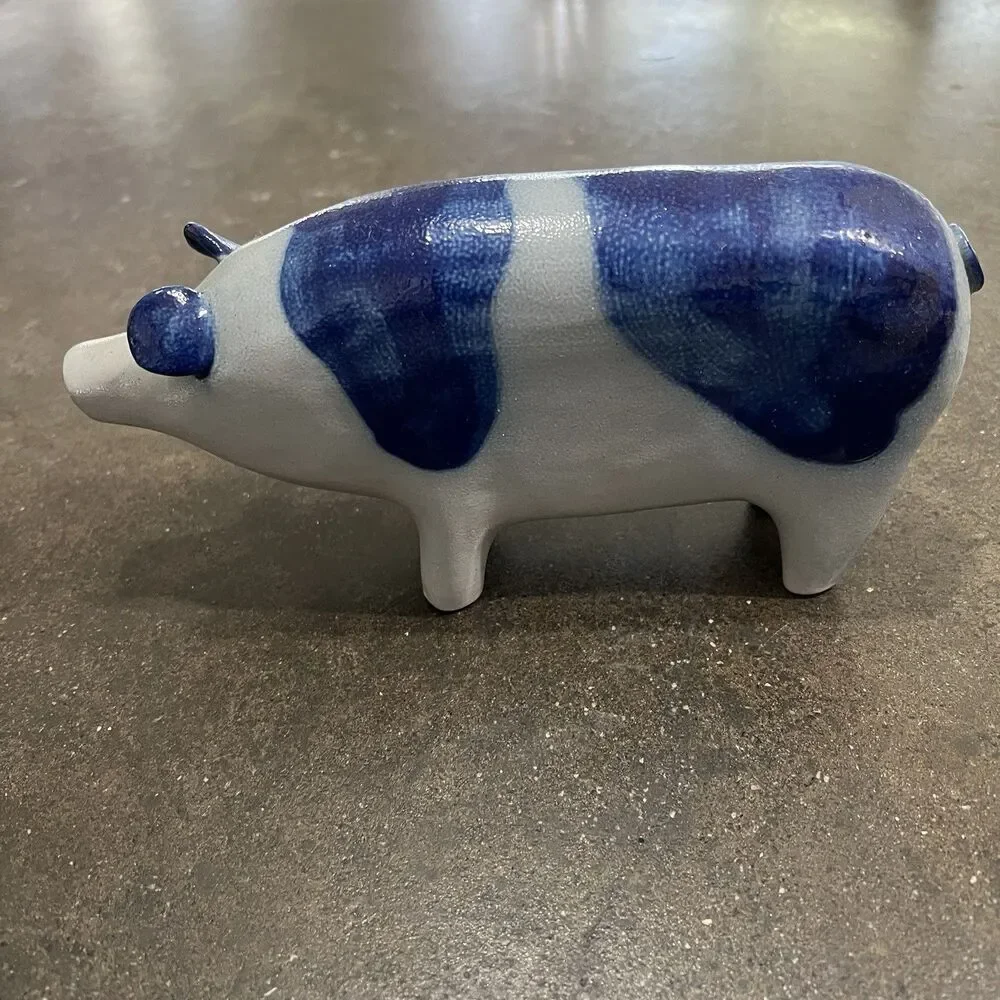 VTG Signed David ELDRETH SALT GLAZED Stonewear Pig COBALT BLUE ON GRAY - Picture 2 of 12